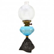 Blue Art Nouveau Glass Font Cast Iron Based Kerosene Light. Click for more information...
