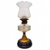 Hinks Double Burner Clear Glass Font Brass and Pottery Based kerosene Light. Click for more information...