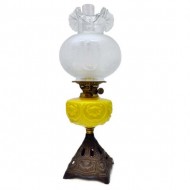 Yellow Art Glass Font Cast Iron Based Double Burner Fluted Shade Kerosene Light. Click for more information...