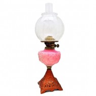 Pink Art Glass Font Cast Iron Based Double Burner Kerosene Light. Click for more information...