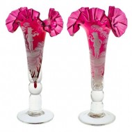 Pair of Ruby Glass Mary Gregory Vases. Click for more information...