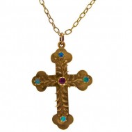 9ct Gold Ruby and 4 Opal Cross with Fancy Barrel Ball and Tracer Link Chain.. Click for more information...