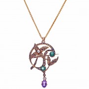 15ct Gold Suffragette Tourmaline Amethyst & Pearl. Pendant Brooch. Click for more information...