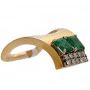 Mid Century Modernist 14ct Gold Ring 2 Emerald 10 Diamond. Click for more information...