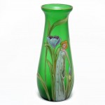 Art Nouveau Hand Painted Maiden and Floral Iridescent Green Art Glass Vase. Click for more information...
