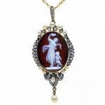 18ct ROSE GOLD Silver Agate Cameo Diamond Pearl Pendant. Click for more information...