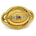 15ct GOLD Locket Brooch. Victorian Pearl and Ruby. Click for more information...